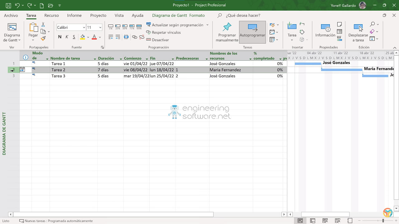 Screenshot Microsoft Project Professional 2021 In Spanish and English